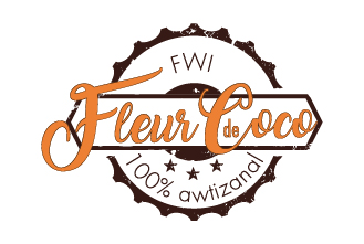 Logo fleur de coco en couleur orange et marron, avec une roue qui représente le mécanisme des usines d'antan