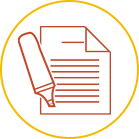 icône de mise en page, un cercle jaune avec une feuille et un stylo en terracota